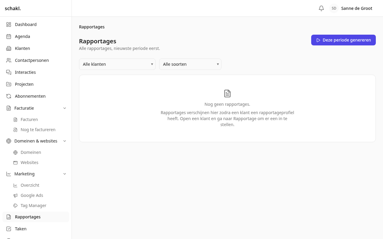 De klantenlijst opent op het werkende bestand: elke status behalve gearchiveerd, met de filters als pillen erboven.