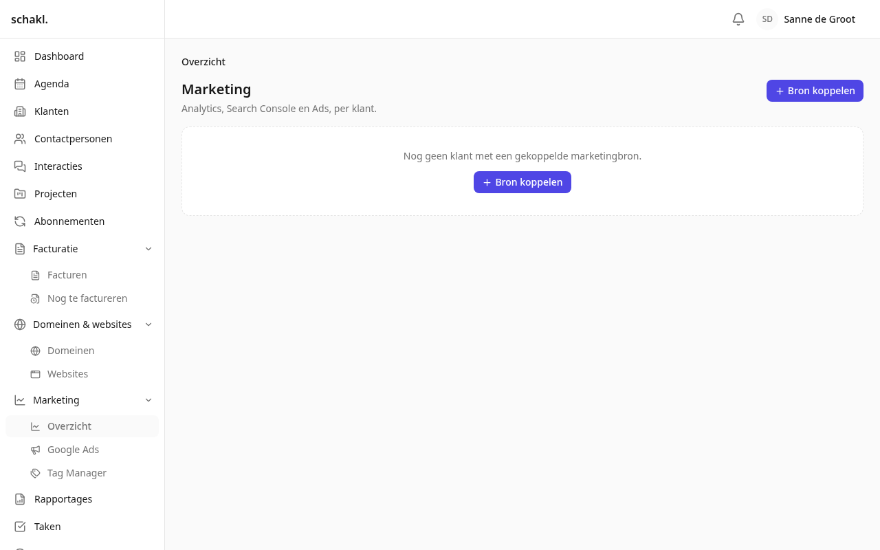 Het marketingoverzicht over alle klanten heen, met de periode en de vergelijking als besturing erboven.