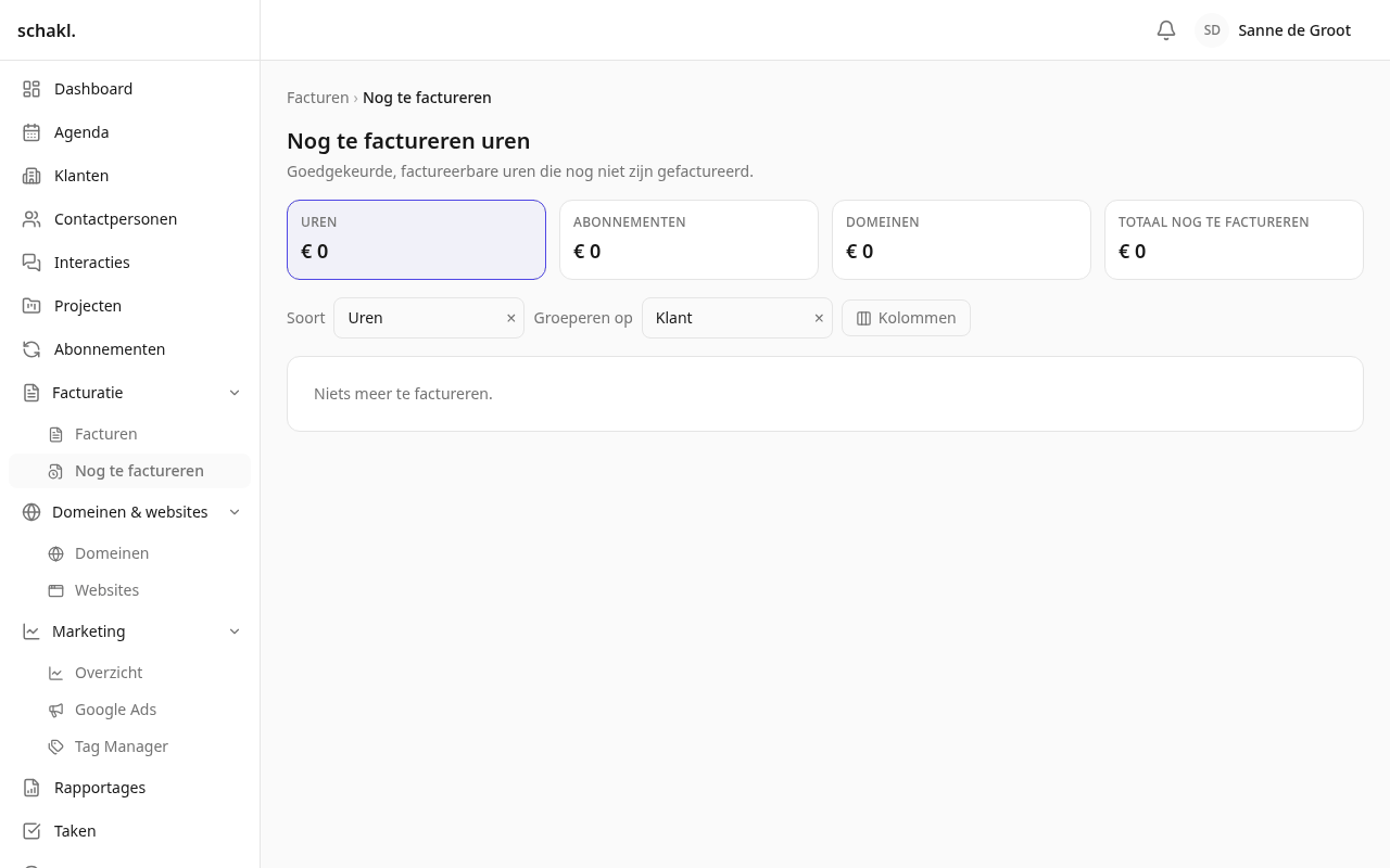 Nog te factureren doet hetzelfde voor de hele organisatie, met een groepering per dag, week, maand, klant, project of medewerker.